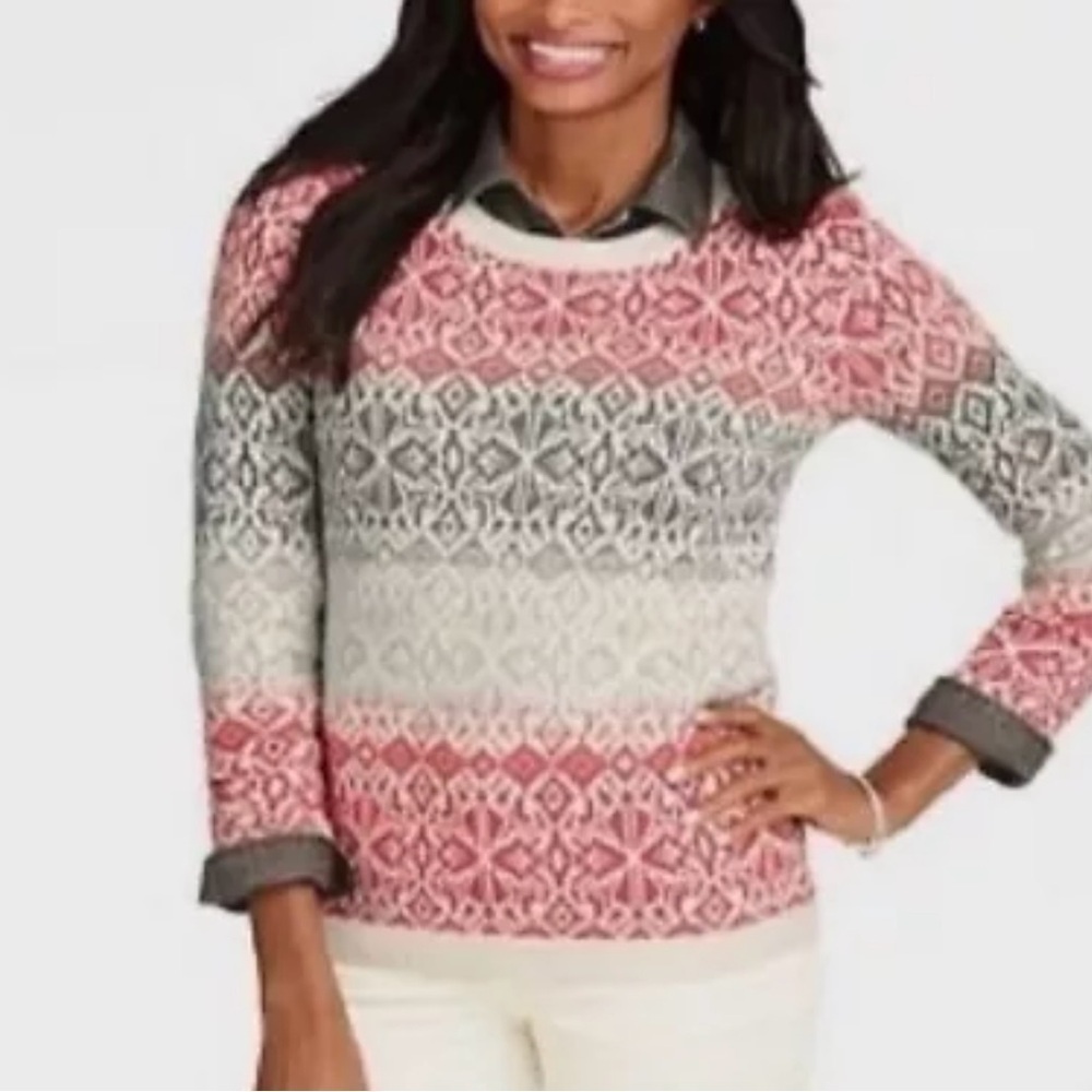 Talbots Gray Coral Fair Isle Pullover Sweater Lambwool size M